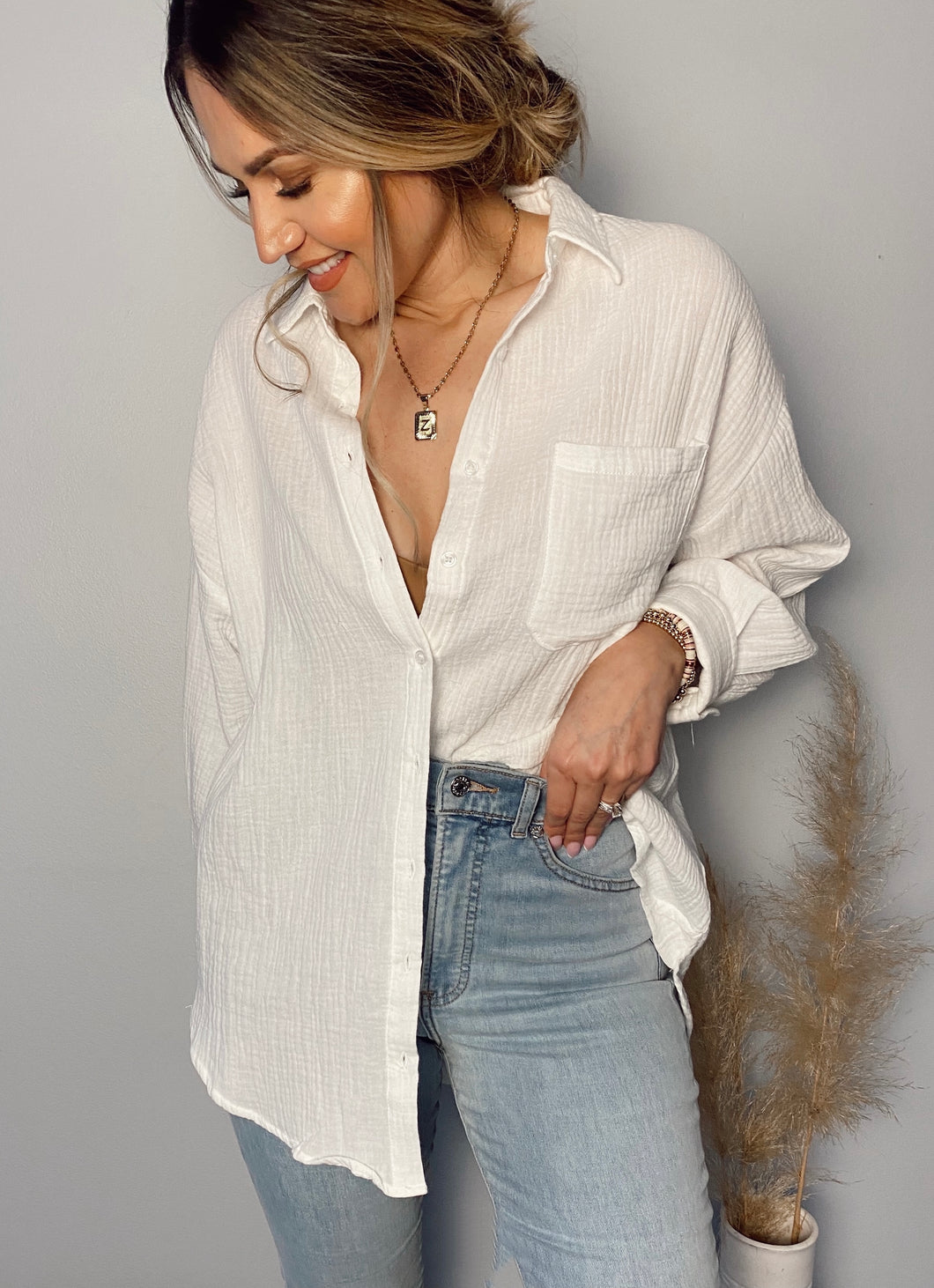 Yours Truly White Button Up Loose Shirt